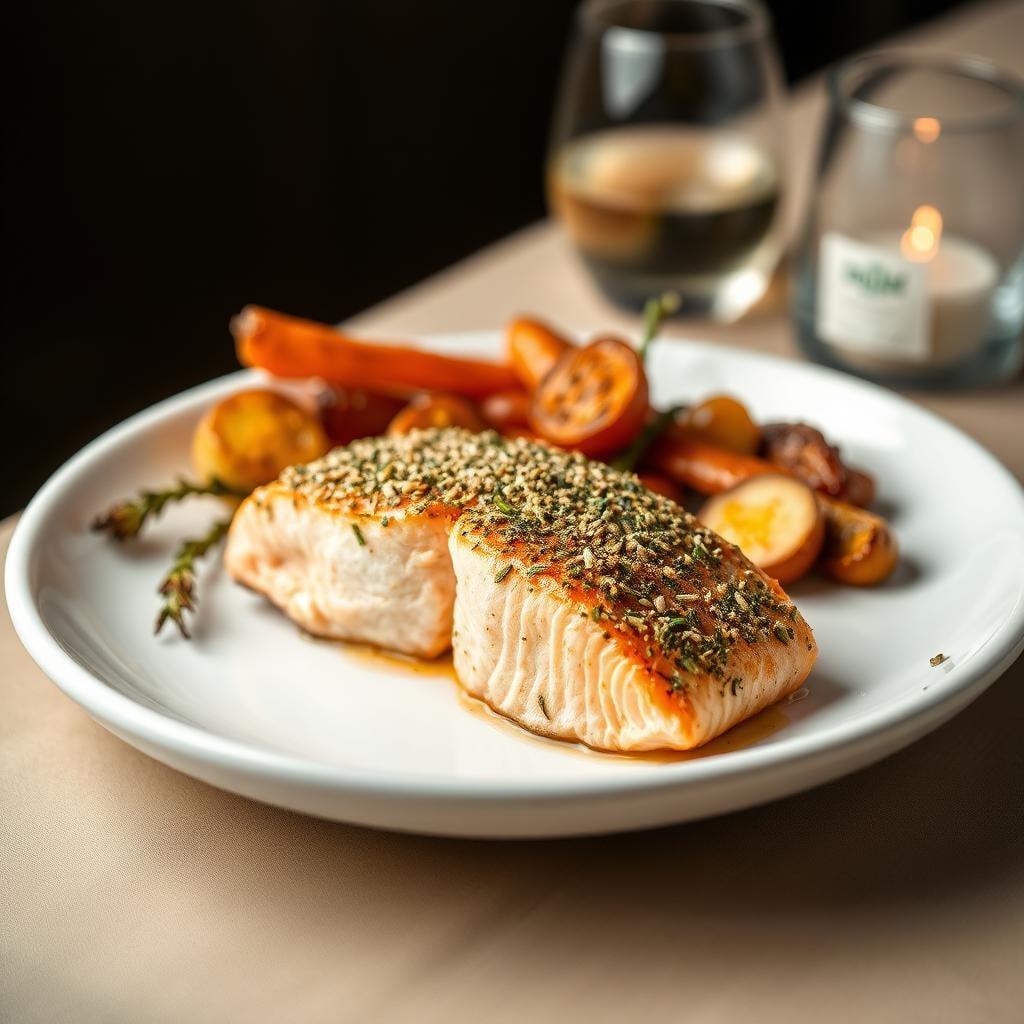 Herb-Crusted Baked Salmon with Roasted Seasonal Vegetables Herb-Crusted Baked Salmon with Roasted Seasonal Vegetables