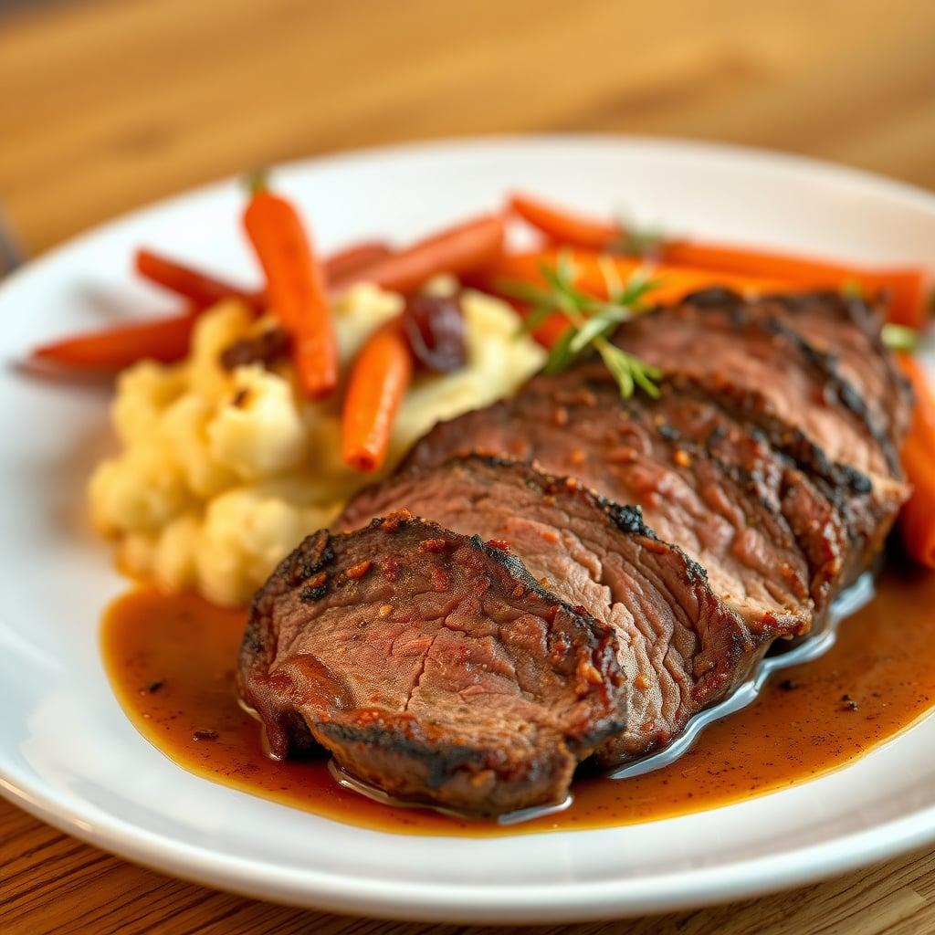 Slow-Cooker Spice-Rubbed Brisket with Caramelized Onion Mashed Potatoes and Maple-Glazed Carrots