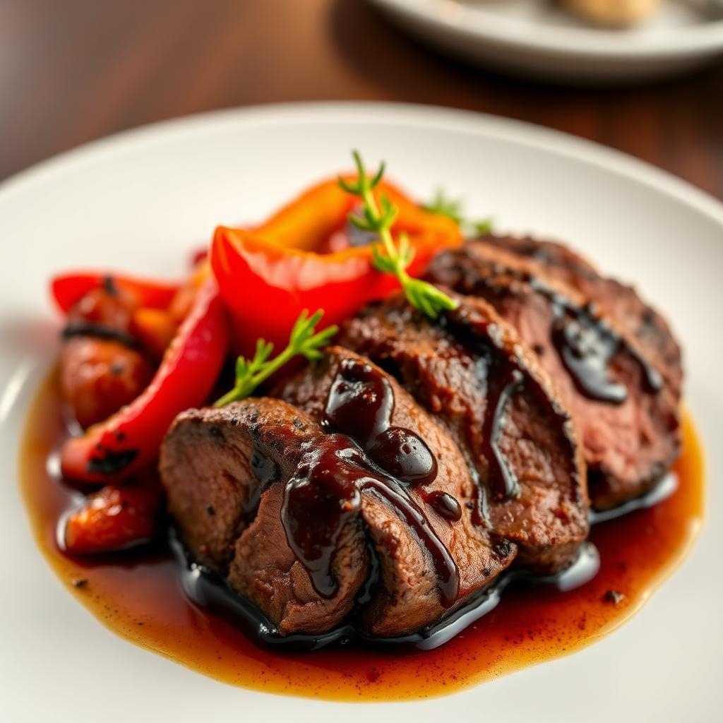 Balsamic Glazed Beef Tenderloin with Roasted Bell Peppers