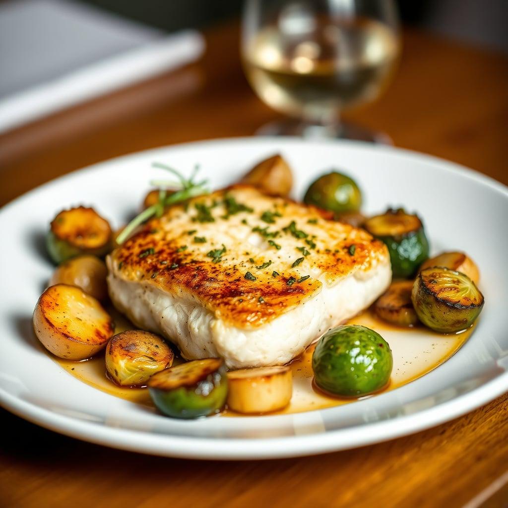 Garlic Butter Pan-Seared Cod with Herb Roasted Potatoes & Balsamic Glazed Brussels Sprouts Garlic Butter Pan-Seared Cod with Herb Roasted Potatoes & Balsamic Glazed Brussels Sprouts