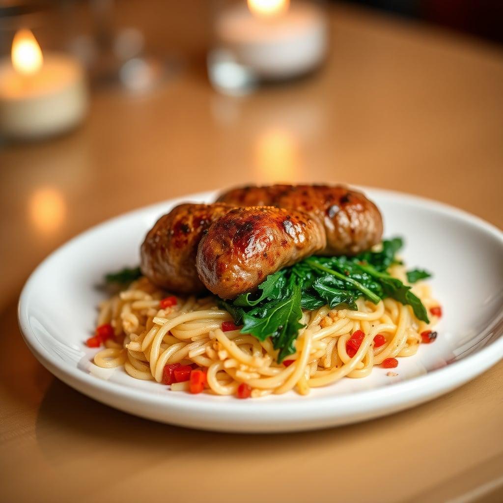Pan-Seared Beef Sausages with Sun-Dried Tomato Orzo and Sautéed Baby Kale