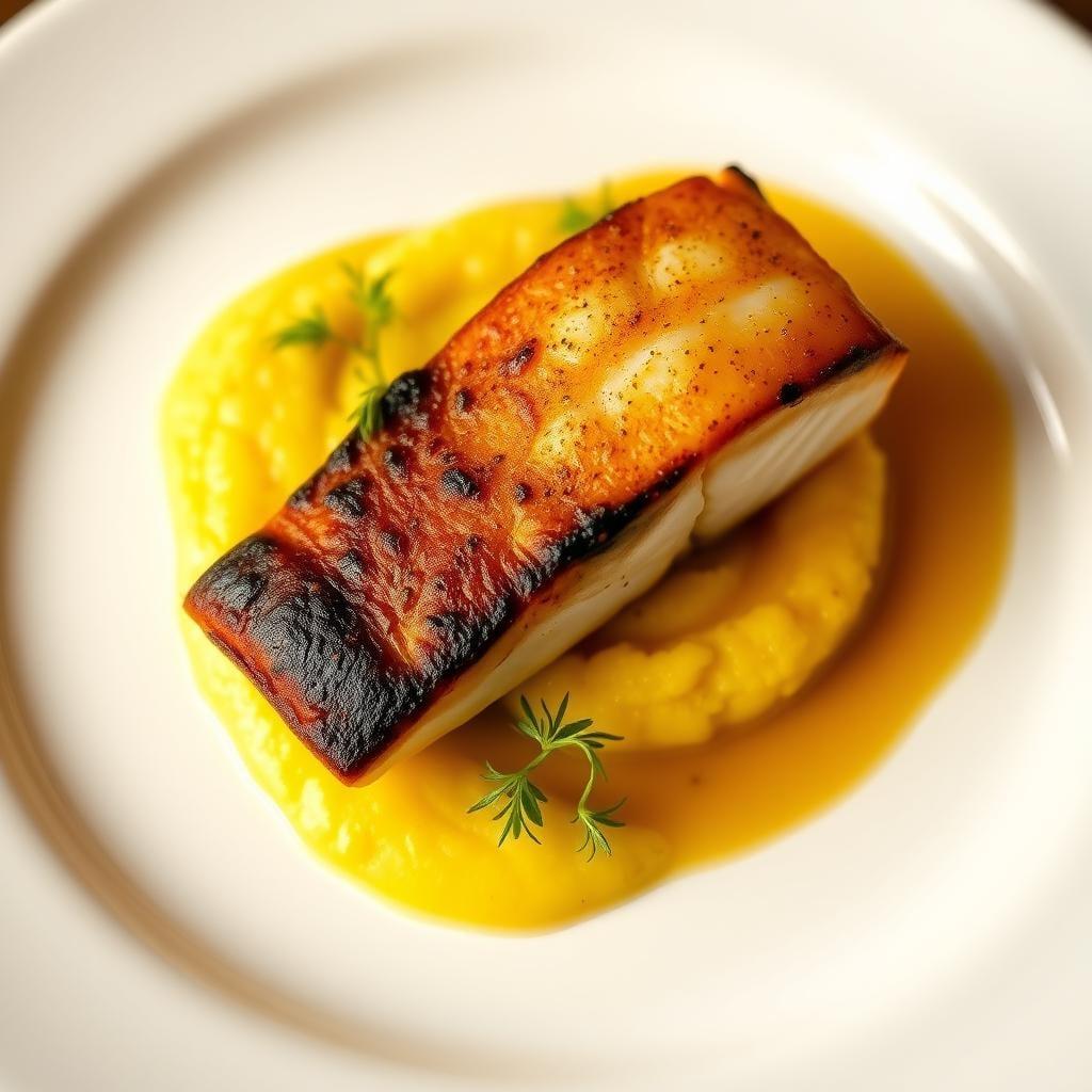 Pan-Seared Chilean Sea Bass with Saffron-Scented Cauliflower Purée and Citrus-Brown Butter Emulsion Pan-Seared Chilean Sea Bass with Saffron-Scented Cauliflower Purée and Citrus-Brown Butter Emulsion
