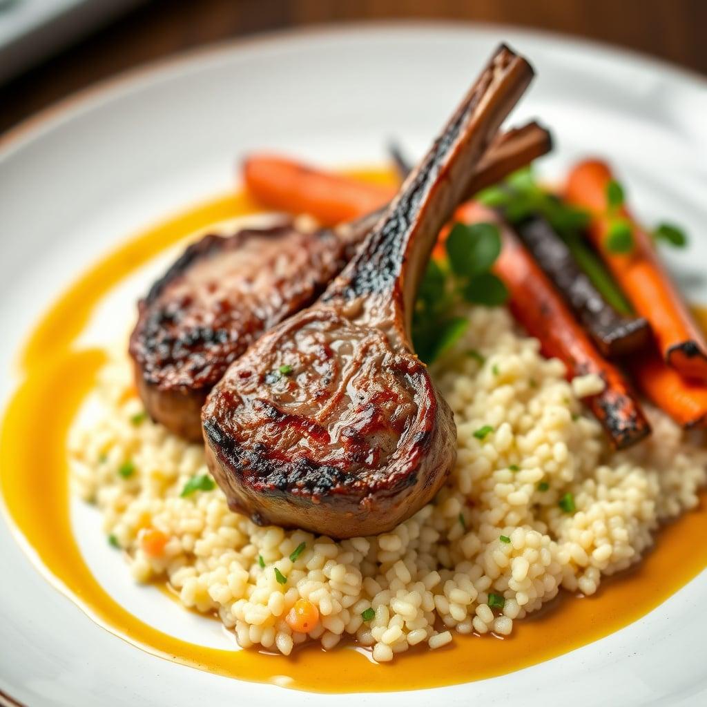 Moroccan-Spiced Lamb Chops with Mint Couscous and Roasted Carrots Moroccan-Spiced Lamb Chops with Mint Couscous and Roasted Carrots