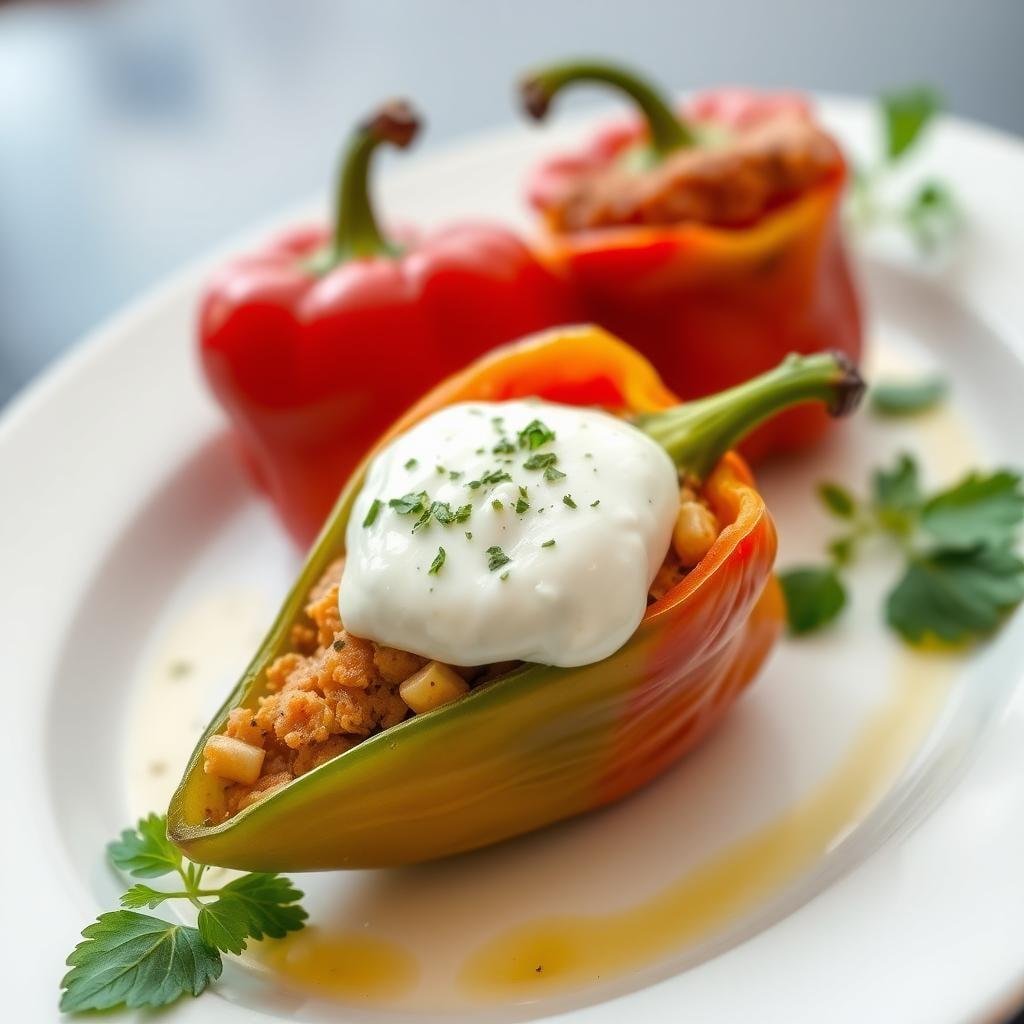 Mediterranean Stuffed Bell Peppers with Tzatziki Mediterranean Stuffed Bell Peppers with Tzatziki