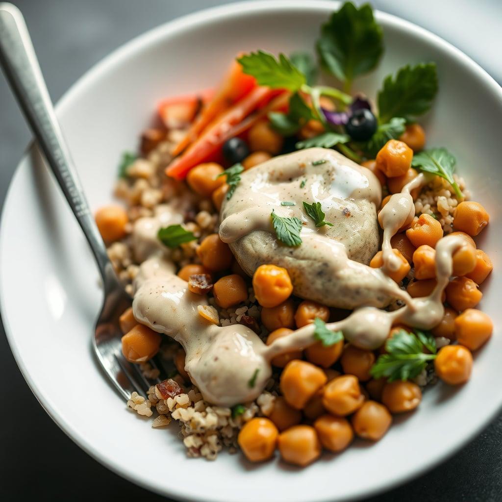 Power Bowl with Herbed Quinoa, Roasted Chickpeas, and Tahini Dressing Power Bowl with Herbed Quinoa, Roasted Chickpeas, and Tahini Dressing