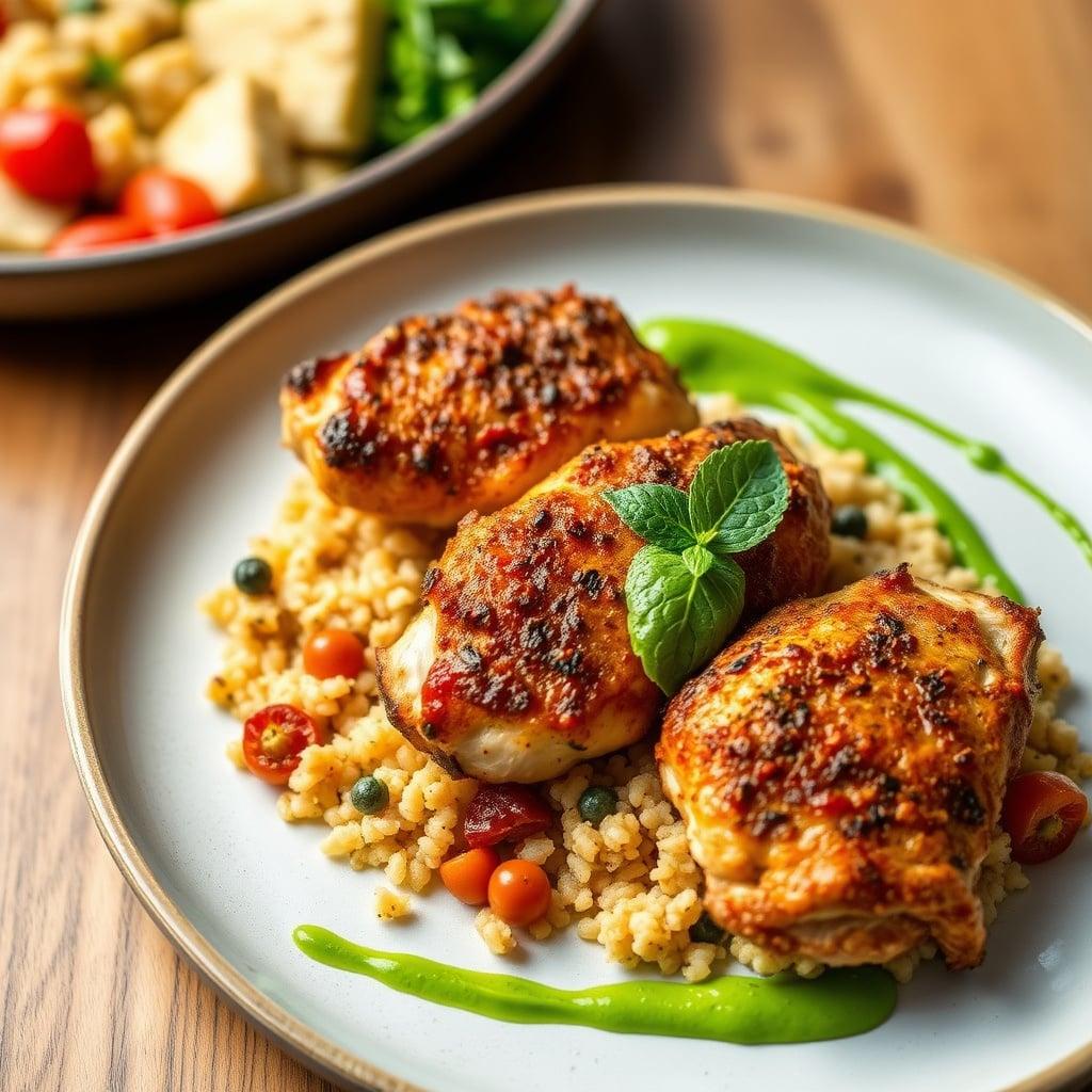 Moroccan-Spiced Crispy Chicken Thighs with Apricot-Bell Pepper Couscous and Minted Pea Puree Moroccan-Spiced Crispy Chicken Thighs with Apricot-Bell Pepper Couscous and Minted Pea Puree