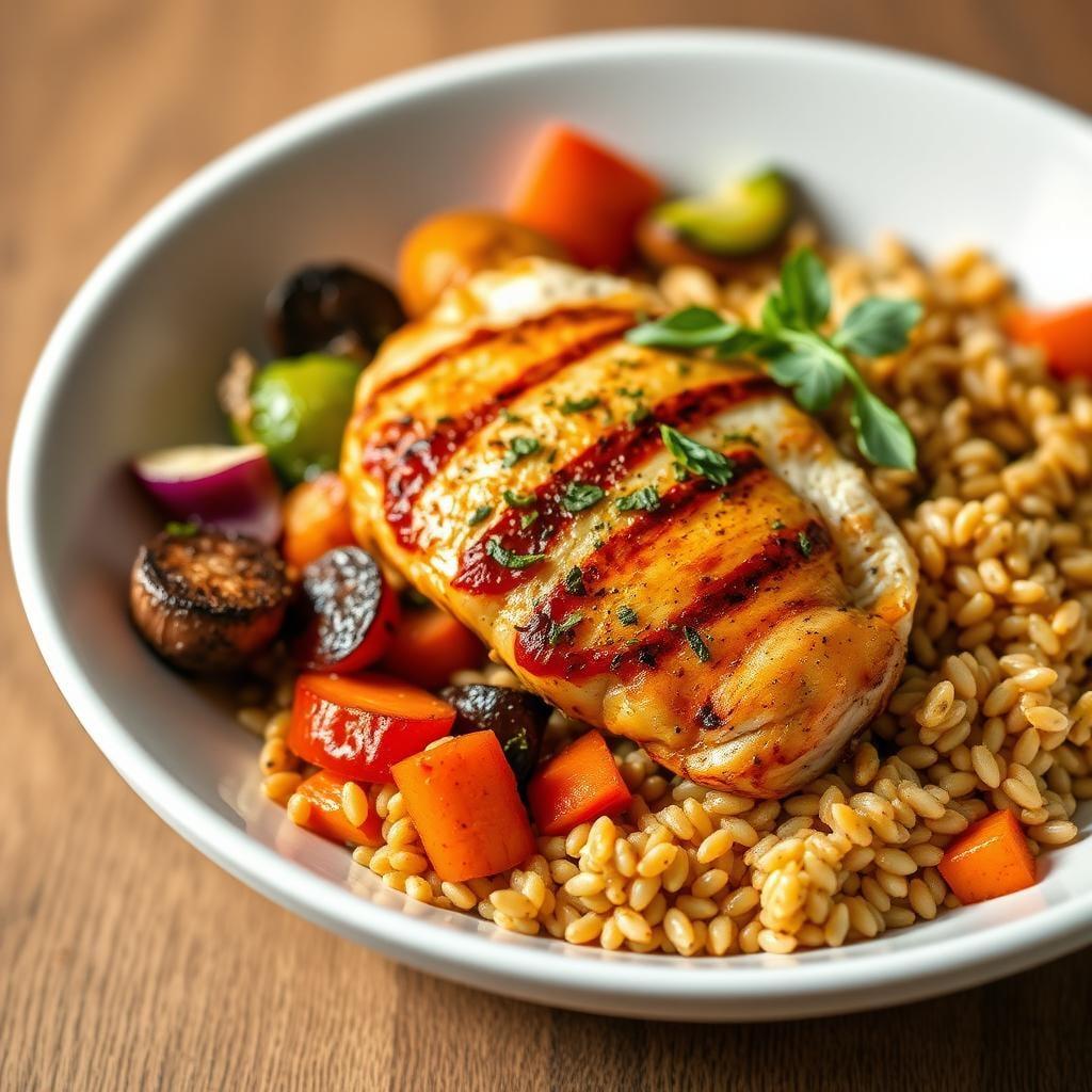 Roasted Vegetable and Farro Bowl with Herb-Marinated Chicken Roasted Vegetable and Farro Bowl with Herb-Marinated Chicken