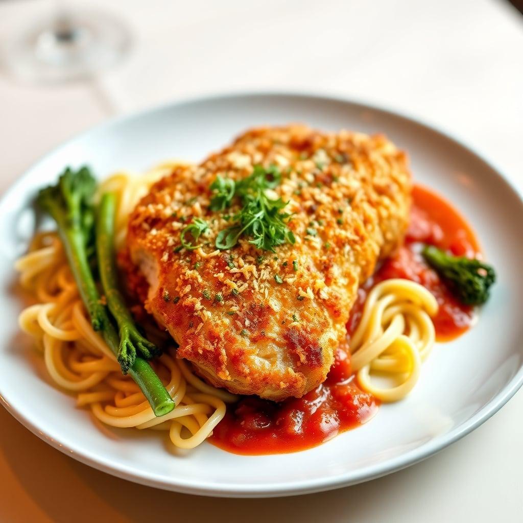 Crispy Parmesan-Crusted Chicken with Zesty Marinara, Buttered Rotini, and Garlic-Roasted Broccolini Crispy Parmesan-Crusted Chicken with Zesty Marinara, Buttered Rotini, and Garlic-Roasted Broccolini