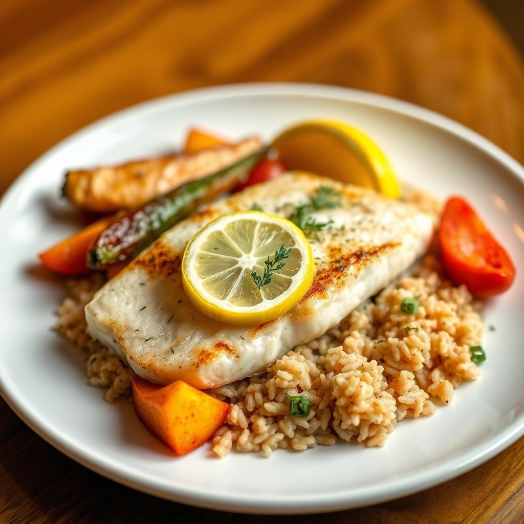 Baked Cod with Lemon, Brown Rice and Roasted Vegetables