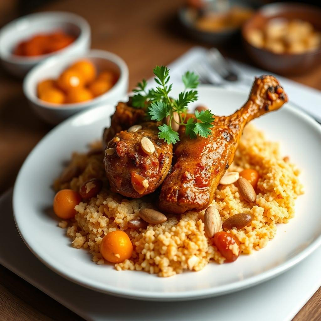 Spiced Moroccan Chicken Tagine with Apricots, Almonds, and Couscous Spiced Moroccan Chicken Tagine with Apricots, Almonds, and Couscous