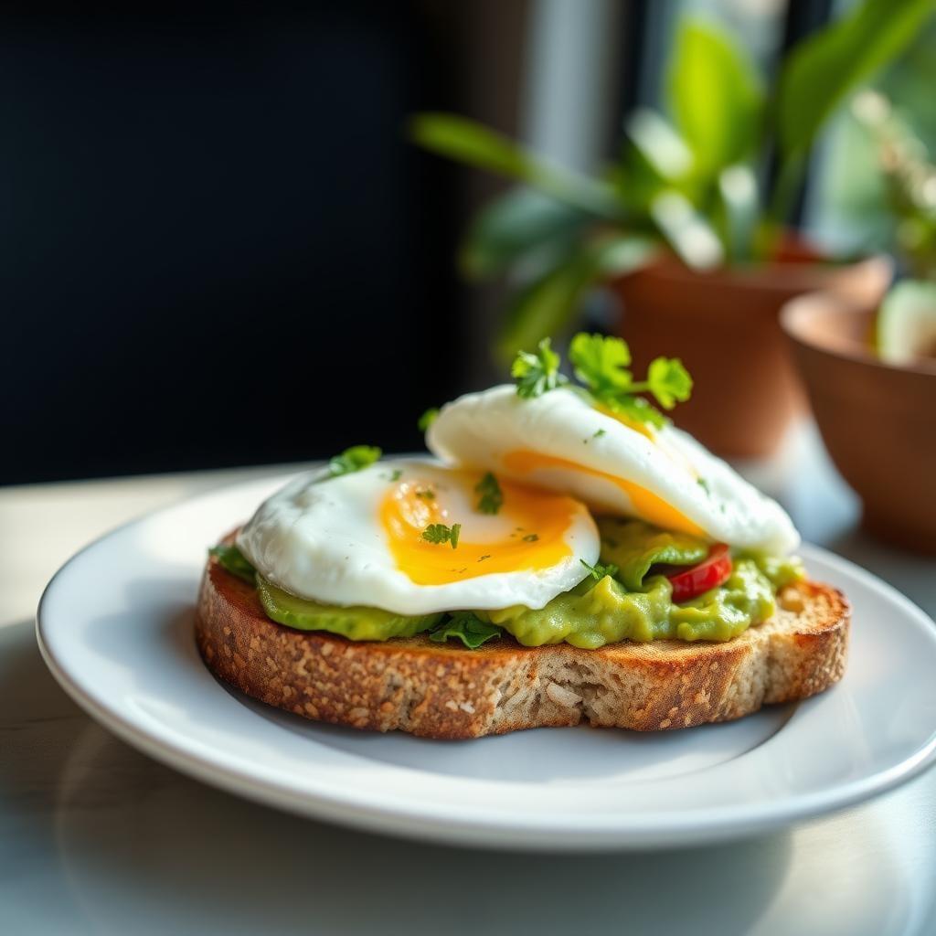 Whole Grain Toast with Avocado and Poached Eggs Whole Grain Toast with Avocado and Poached Eggs