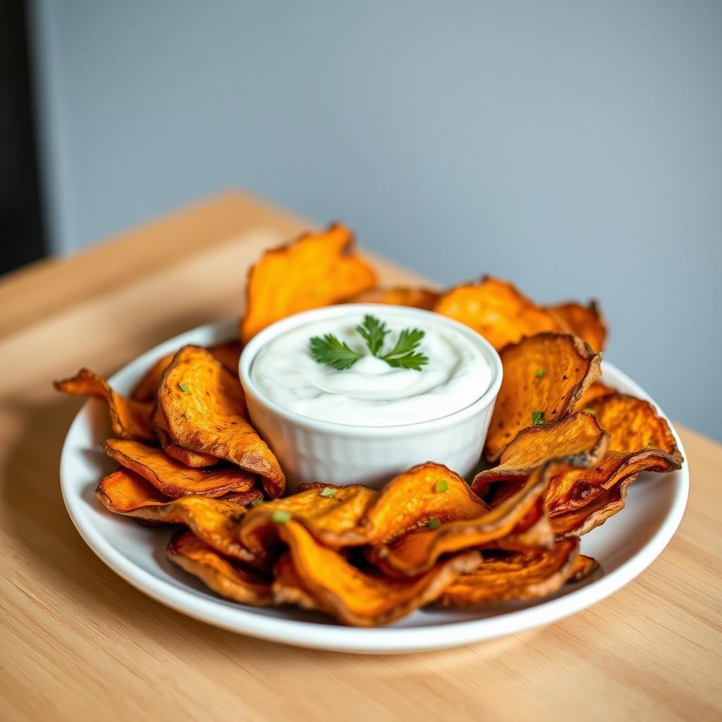 Baked Sweet Potato Chips with Herb Yogurt Dip
