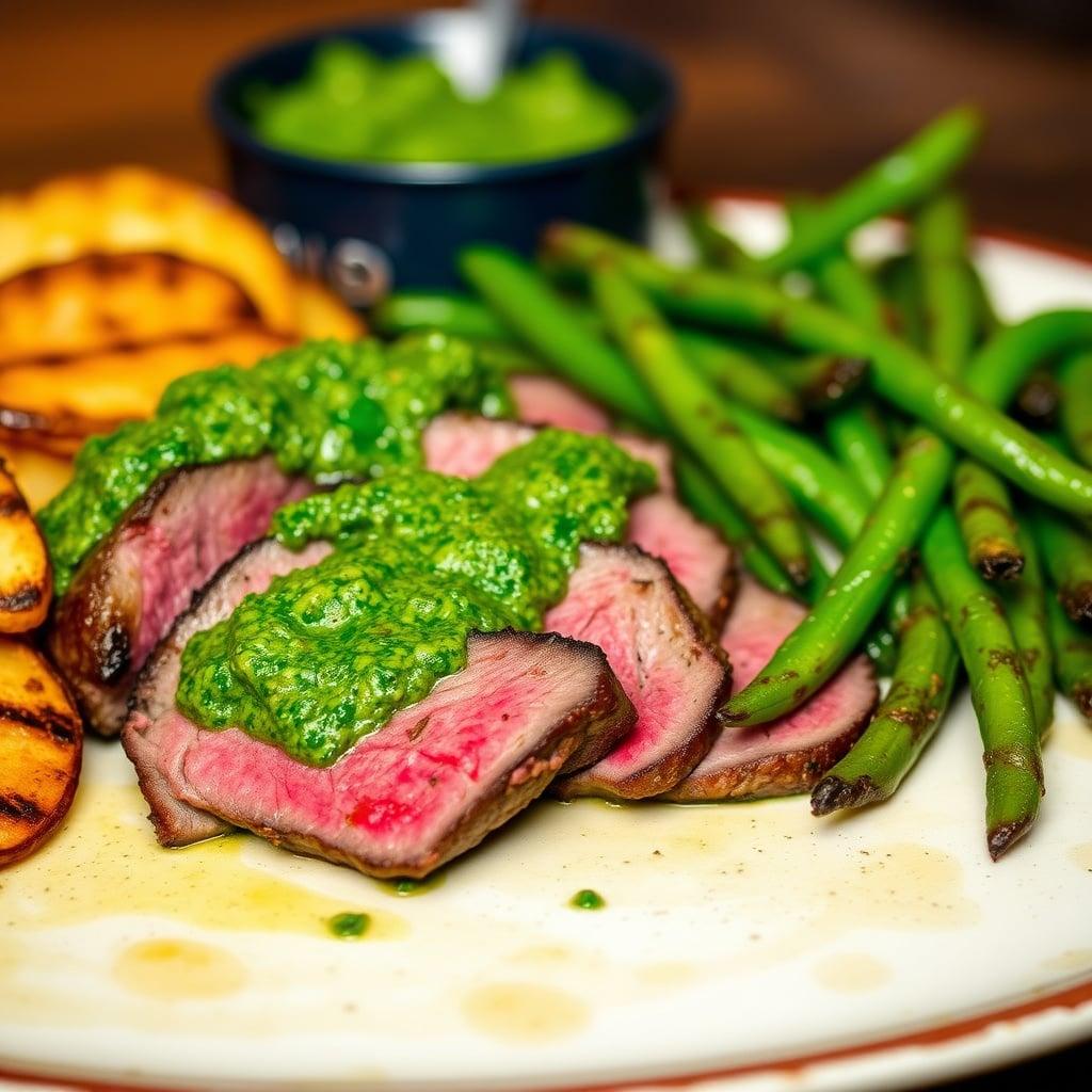 Chimichurri-Marinated Flank Steak with Crispy Grilled Potato Wedges and Blistered Green Beans