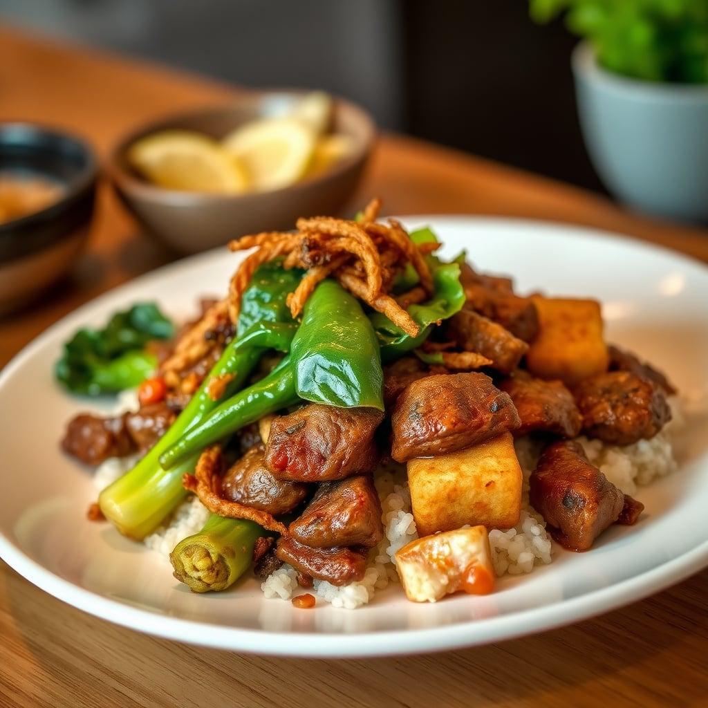 Sichuan-Spiced Beef Stir-Fry with Crispy Rice Cakes and Charred Bok Choy Sichuan-Spiced Beef Stir-Fry with Crispy Rice Cakes and Charred Bok Choy