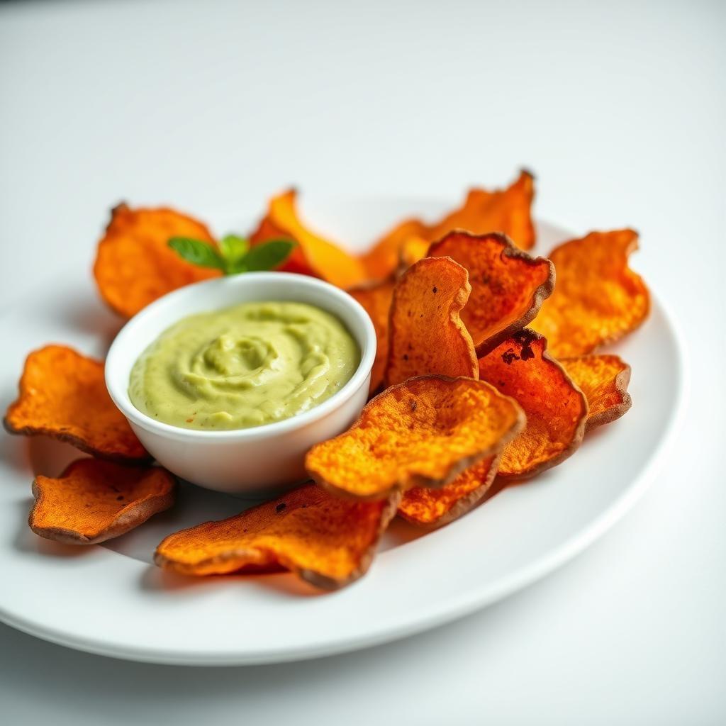 Baked Sweet Potato Chips with Avocado Dip