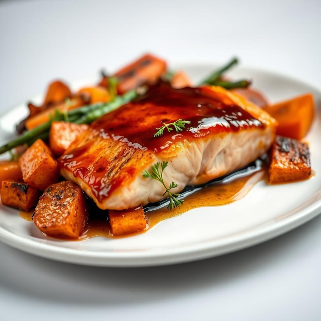 Maple-Glazed Salmon with Roasted Sweet Potato Medley Maple-Glazed Salmon with Roasted Sweet Potato Medley