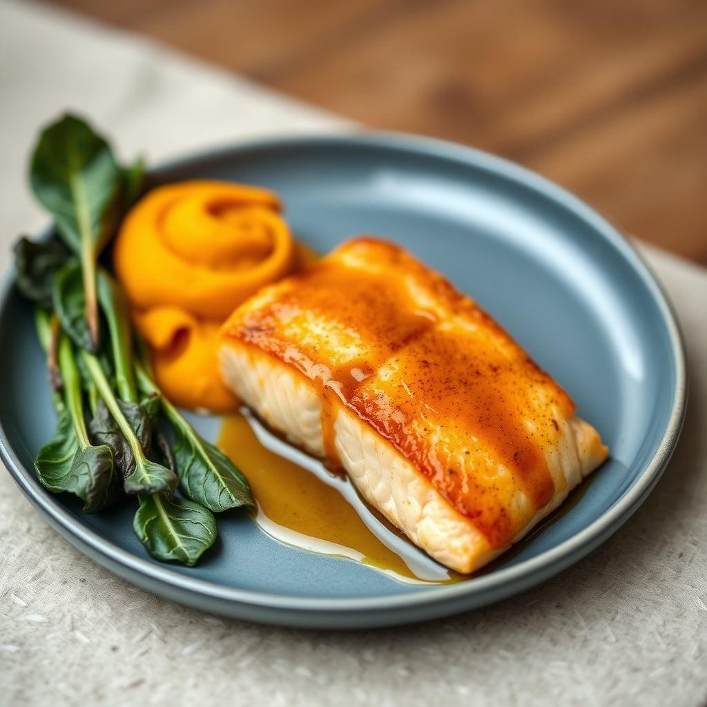 Pan-Seared Salmon with Maple-Mustard Glaze, Brown Butter Mashed Sweet Potatoes, and Wilted Chard Pan-Seared Salmon with Maple-Mustard Glaze, Brown Butter Mashed Sweet Potatoes, and Wilted Chard