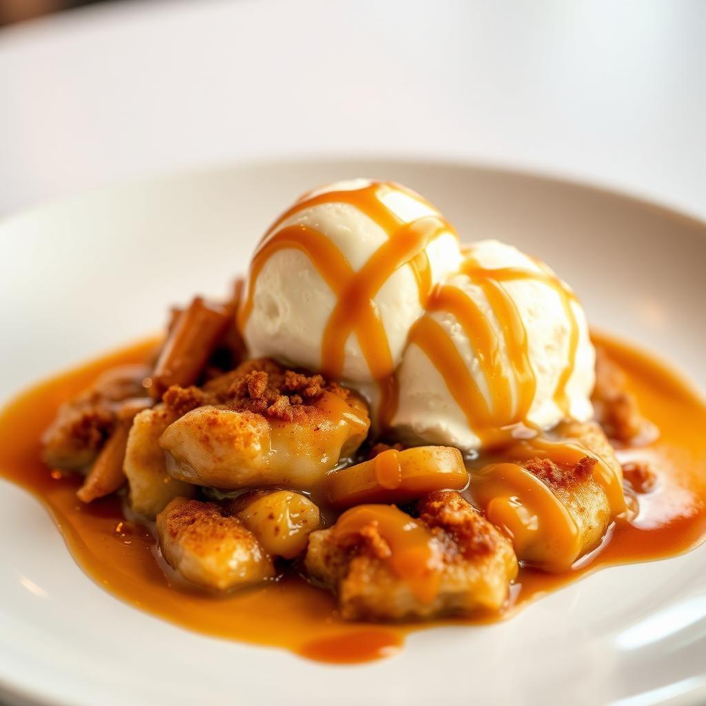 Brown Butter Apple Crisp with Cinnamon Ice Cream and Caramel Drizzle