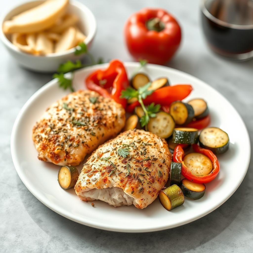 Mediterranean Herb-Crusted Chicken with Roasted Vegetables Mediterranean Herb-Crusted Chicken with Roasted Vegetables