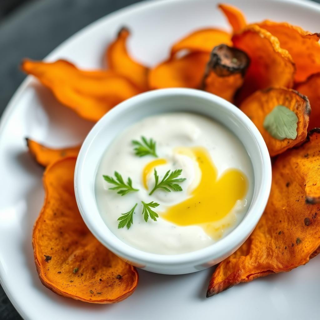 Baked Sweet Potato Chips with Herb Dip