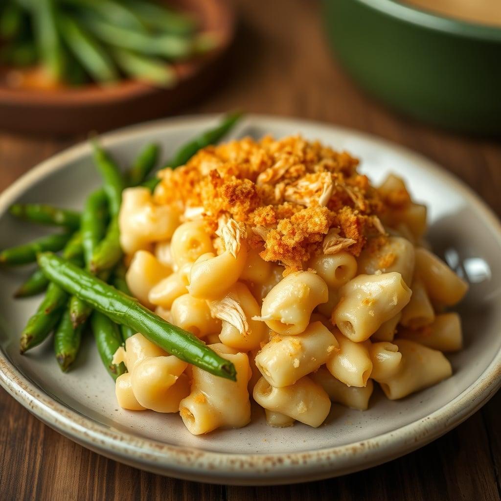 Baked Smoked Gouda and Shredded Chicken Macaroni with Crispy Panko and Sautéed Green Beans Baked Smoked Gouda and Shredded Chicken Macaroni with Crispy Panko and Sautéed Green Beans