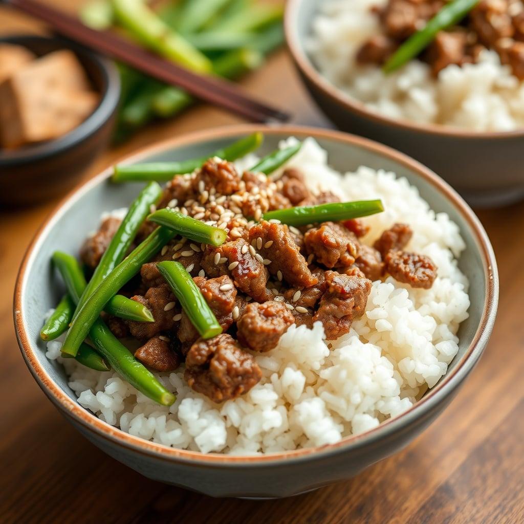 Korean-Style Ground Beef Bowls with Sesame Green Beans and Jasmine Rice Korean-Style Ground Beef Bowls with Sesame Green Beans and Jasmine Rice