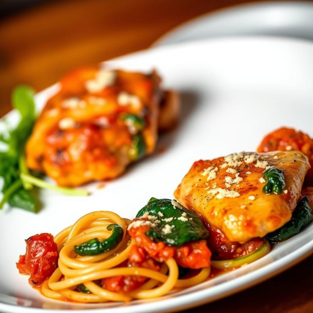 Braised Chicken Thighs Puttanesca with Garlic-Parmesan Zucchini Noodles and Pan-Wilted Spinach