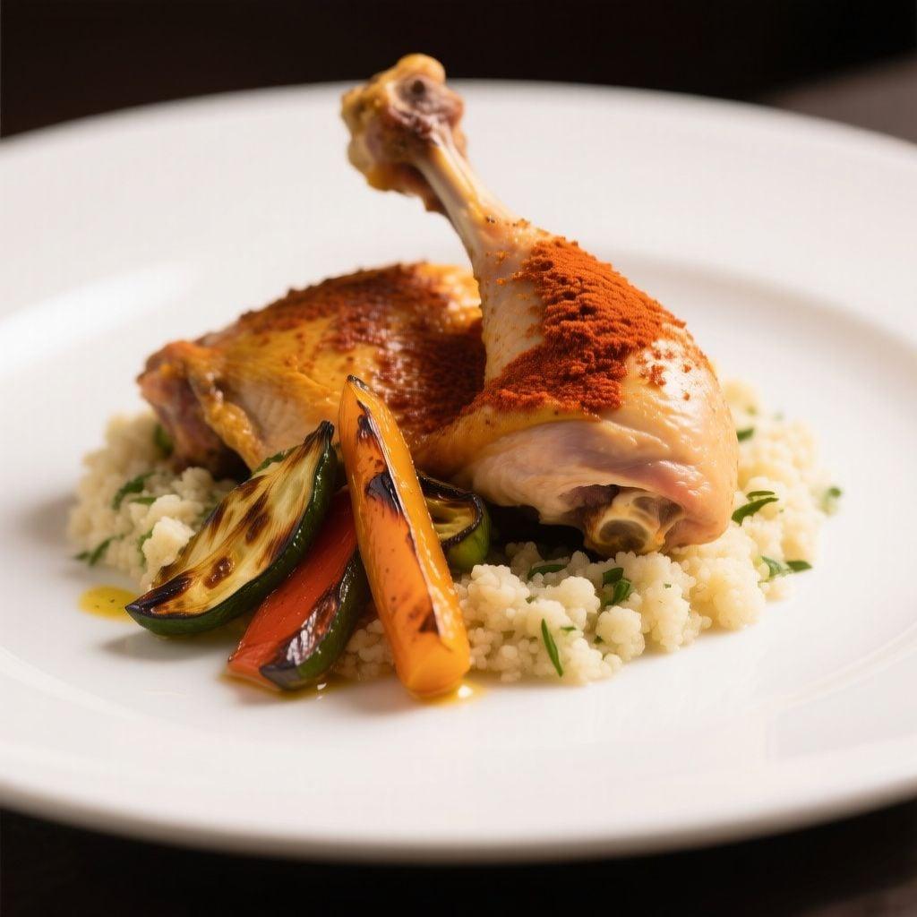 Moroccan-Spiced Chicken with Harissa-Roasted Vegetables and Herbed Cauliflower Couscous Moroccan-Spiced Chicken with Harissa-Roasted Vegetables and Herbed Cauliflower Couscous