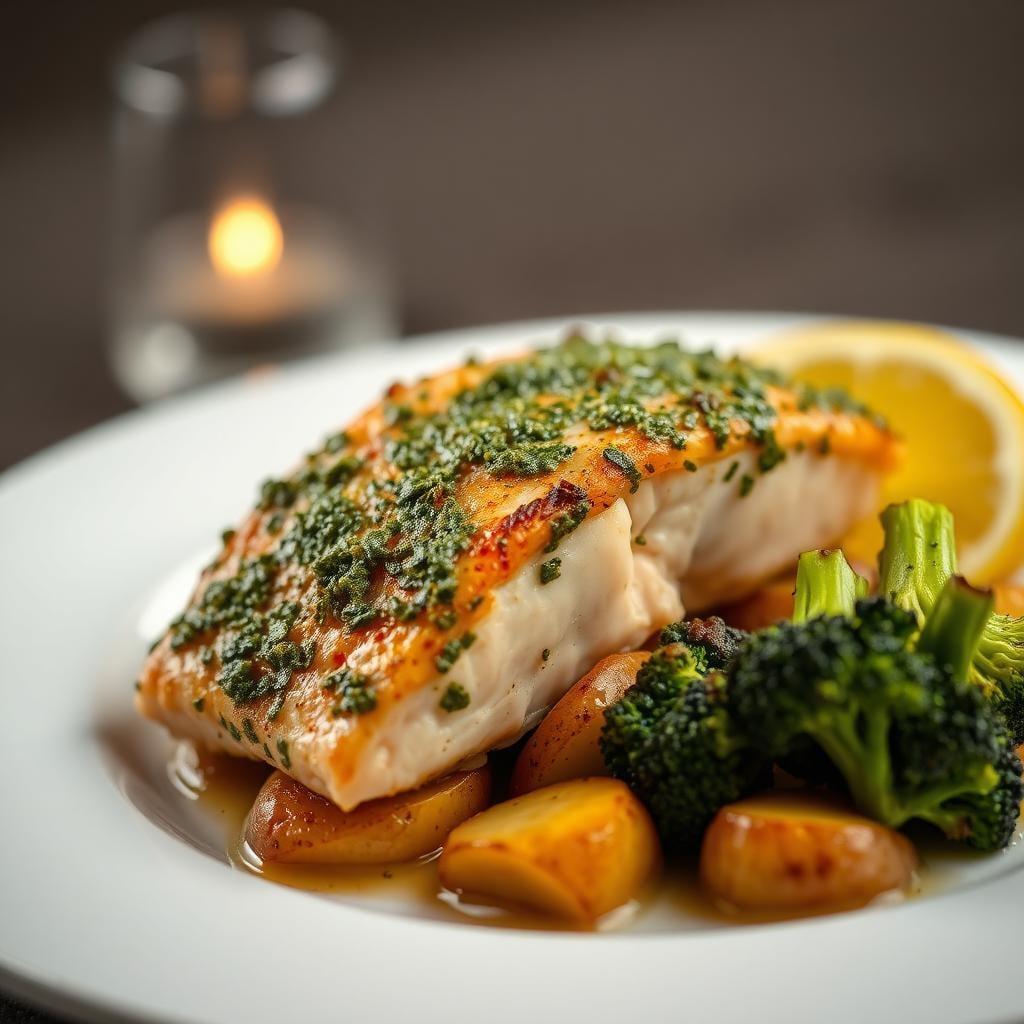 Baked Pesto Salmon with Roasted Potatoes and Broccoli