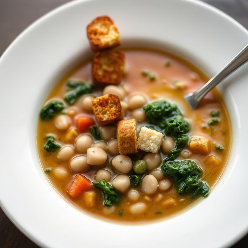 Tuscan White Bean & Kale Soup with Herb Croutons