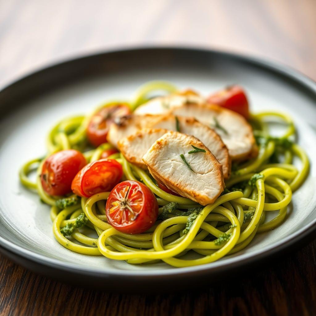 Ligurian Pesto Trofie with Roasted Cherry Tomatoes and Grilled Lemon Chicken Ligurian Pesto Trofie with Roasted Cherry Tomatoes and Grilled Lemon Chicken