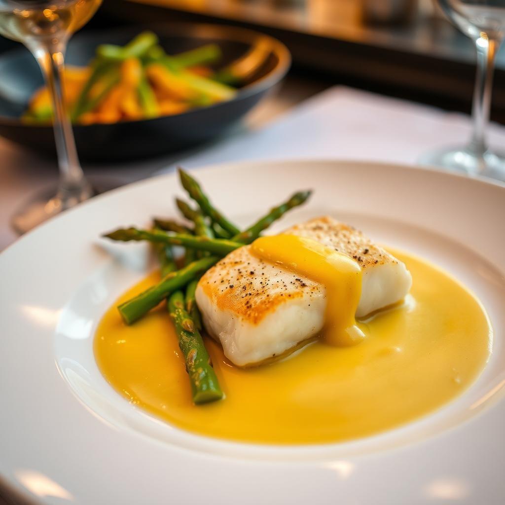 Pan-Seared Cod with White Wine Butter Sauce & Asparagus Pan-Seared Cod with White Wine Butter Sauce & Asparagus