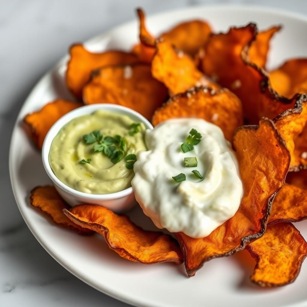 Baked Sweet Potato Chips with Avocado Yogurt Dip
