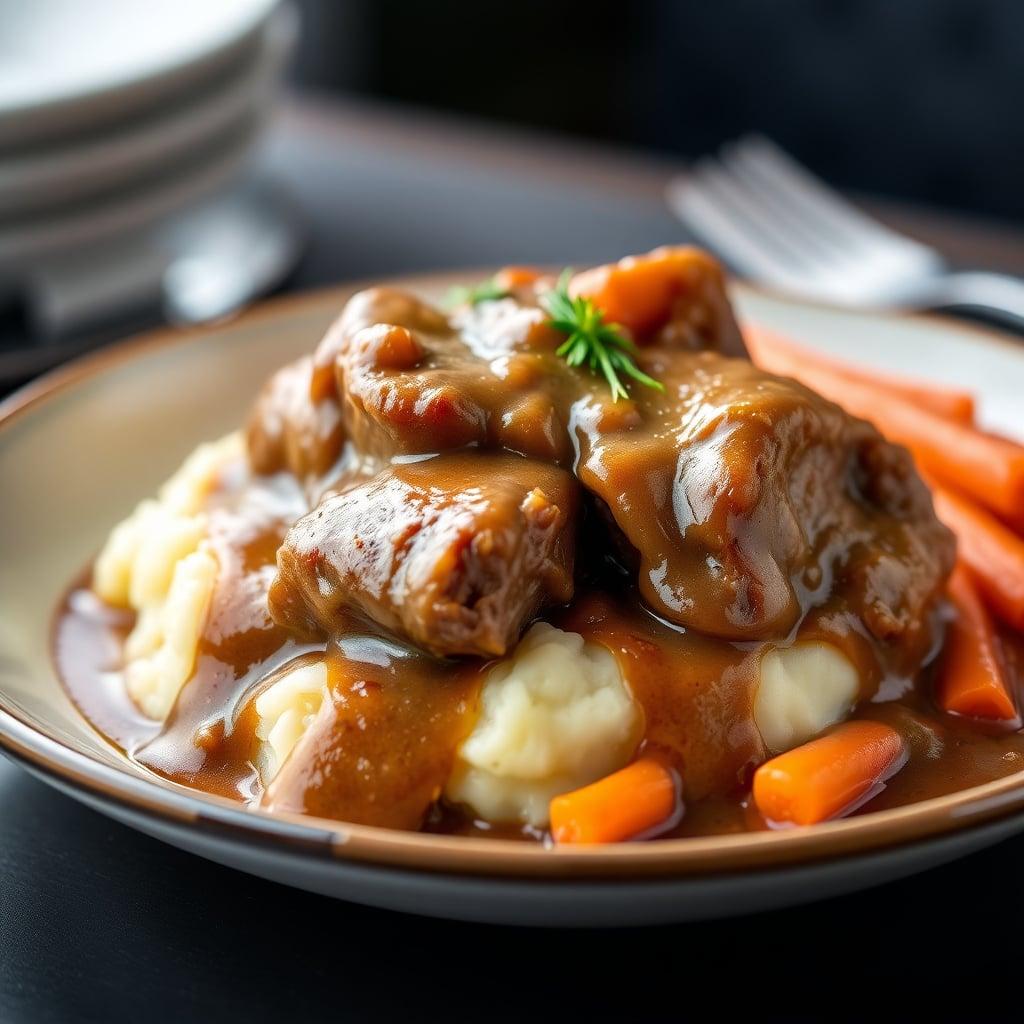 Smothered Cube Steak with Onion Gravy, Mashed Potatoes, and Glazed Carrots Smothered Cube Steak with Onion Gravy, Mashed Potatoes, and Glazed Carrots