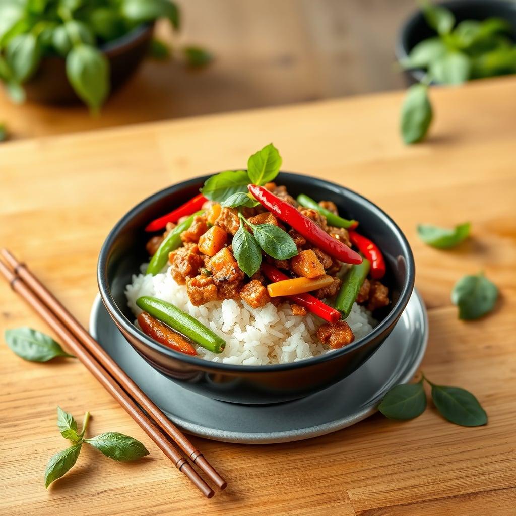 Spicy Thai Basil Ground Elk Stir-Fry with Jasmine Rice and Crisp Sugar Snap Peas Spicy Thai Basil Ground Elk Stir-Fry with Jasmine Rice and Crisp Sugar Snap Peas
