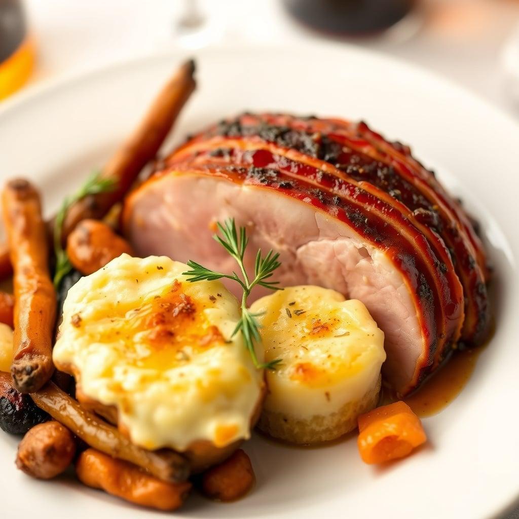 Bourbon-Glazed Holiday Ham with Garlic Herb Roasted Root Vegetables and Classic Potato Au Gratin
