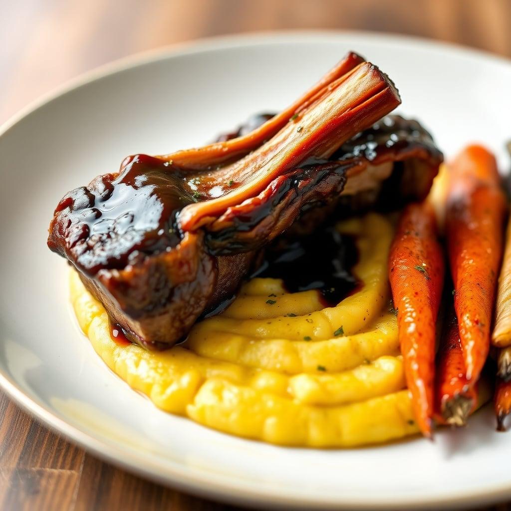Slow-Braised Balsamic Pork Side Ribs with Creamy Parmesan Polenta and Roasted Root Vegetables Slow-Braised Balsamic Pork Side Ribs with Creamy Parmesan Polenta and Roasted Root Vegetables