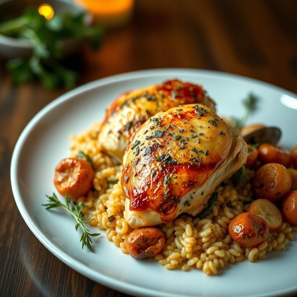 Herb-Roasted Chicken Thighs with Lemon Orzo and Roasted Vegetables