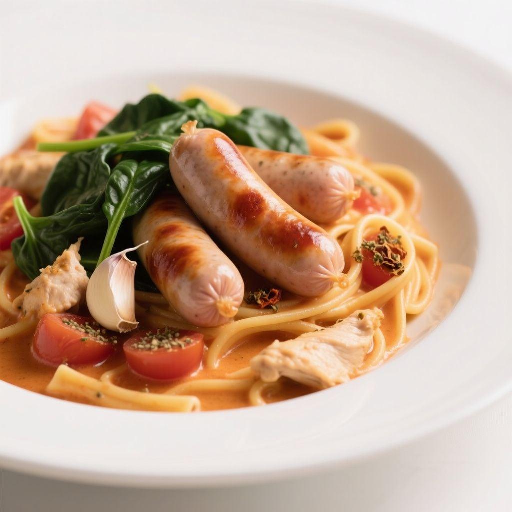 One-Pot Creamy Tomato Pasta with Chicken Sausage and Spinach One-Pot Creamy Tomato Pasta with Chicken Sausage and Spinach