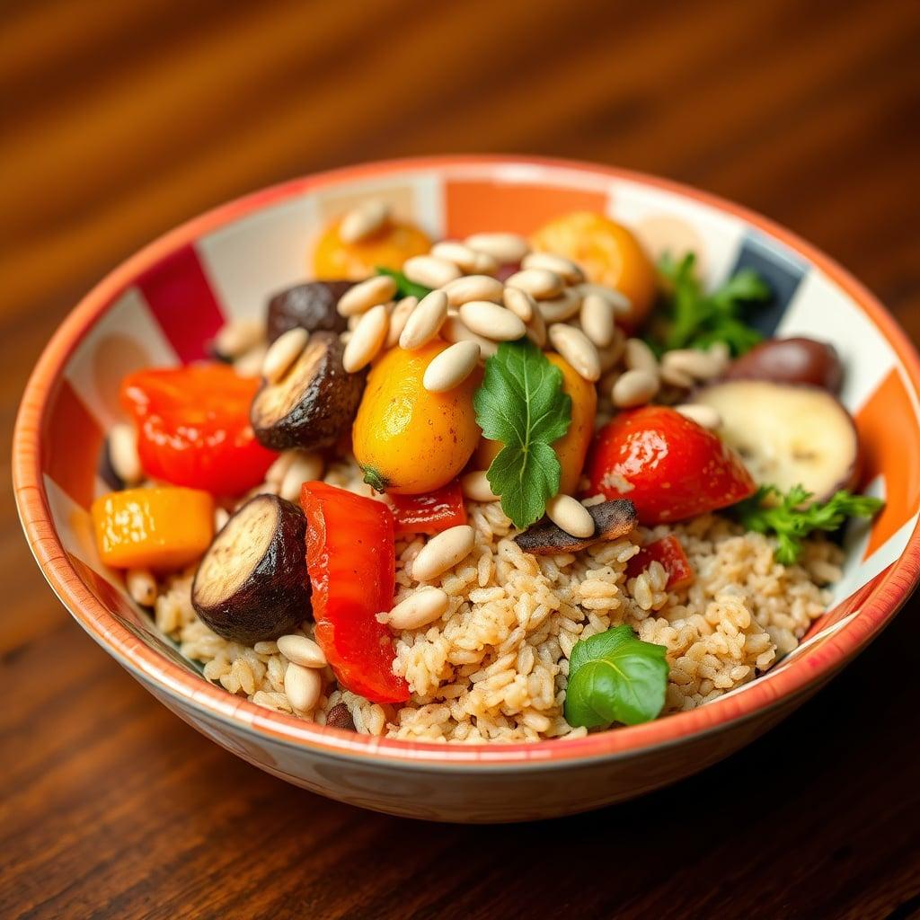 Mediterranean Farro Bowl with Roasted Vegetables and Pine Nuts Mediterranean Farro Bowl with Roasted Vegetables and Pine Nuts