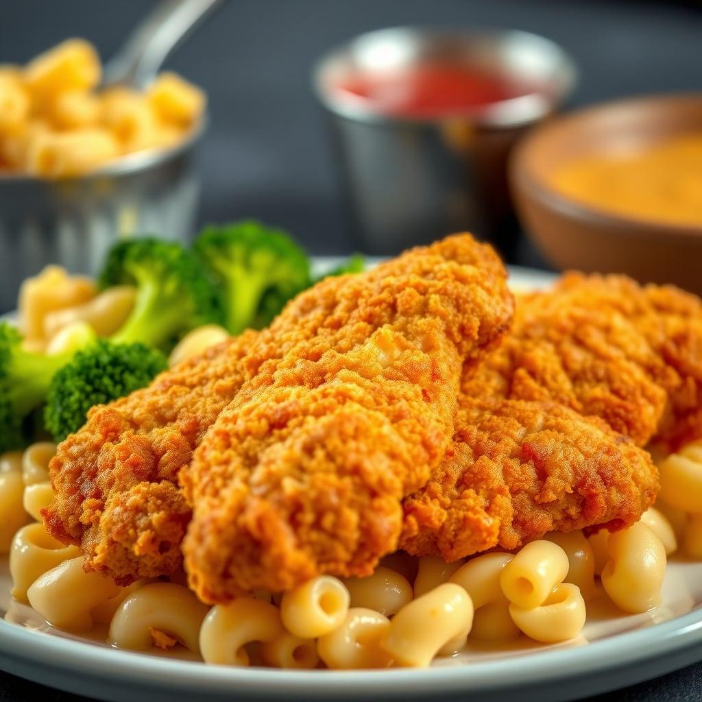 Crispy Oven-Baked Chicken Tenders with Creamy Macaroni and Broccoli Crispy Oven-Baked Chicken Tenders with Creamy Macaroni and Broccoli