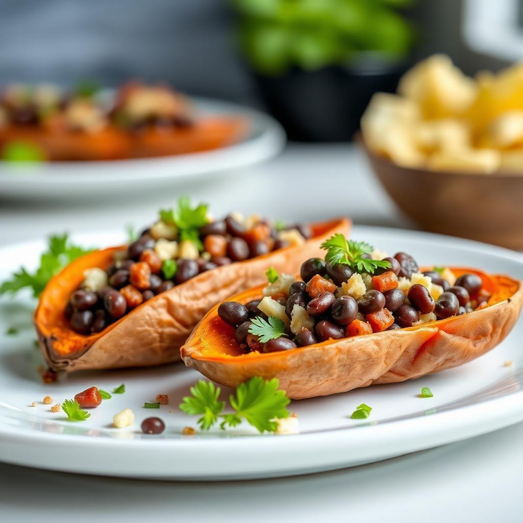 Baked Sweet Potato Boats with Black Bean Filling