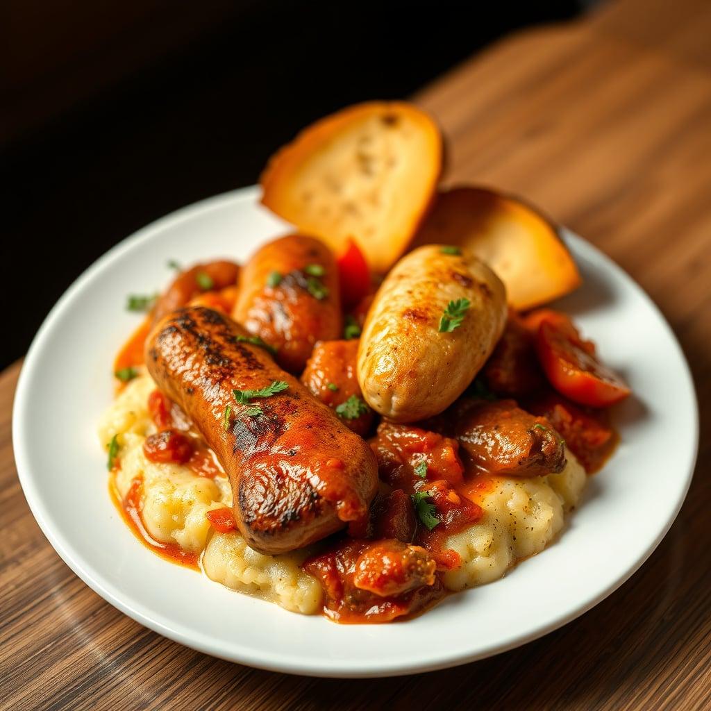 Rustic Italian Sausage and Chicken Skillet with Roasted Bell Peppers, Grape Tomato Pan Sauce and Herbed Polenta