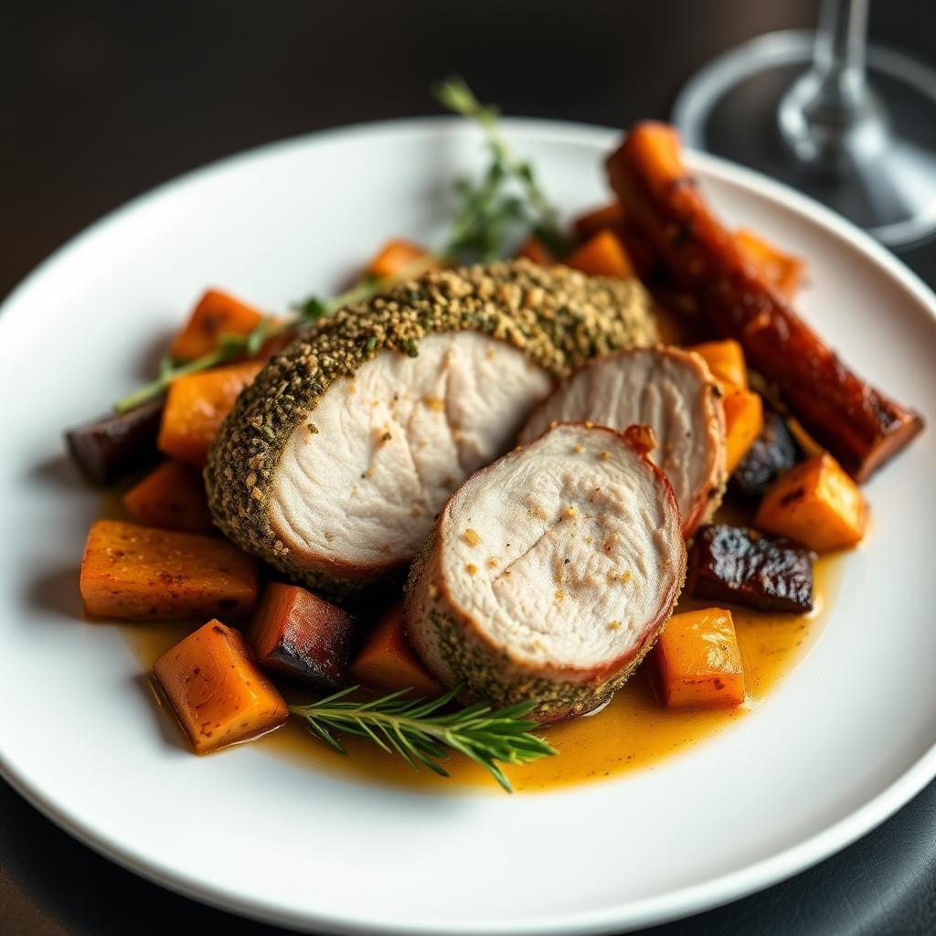 Herb-Crusted Pork Tenderloin with Roasted Root Vegetables Herb-Crusted Pork Tenderloin with Roasted Root Vegetables