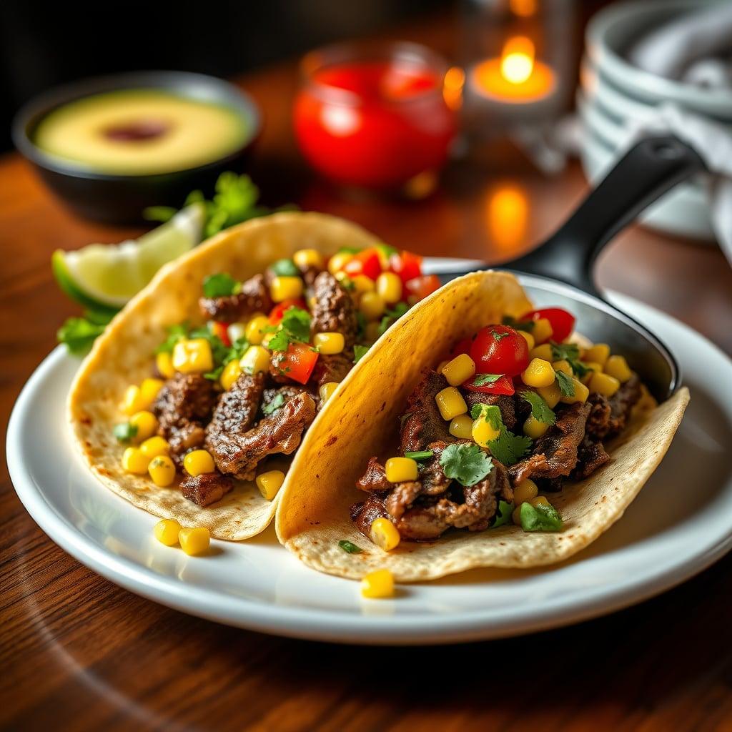 Skillet Beef Tacos with Corn and Bell Pepper Salsa Skillet Beef Tacos with Corn and Bell Pepper Salsa