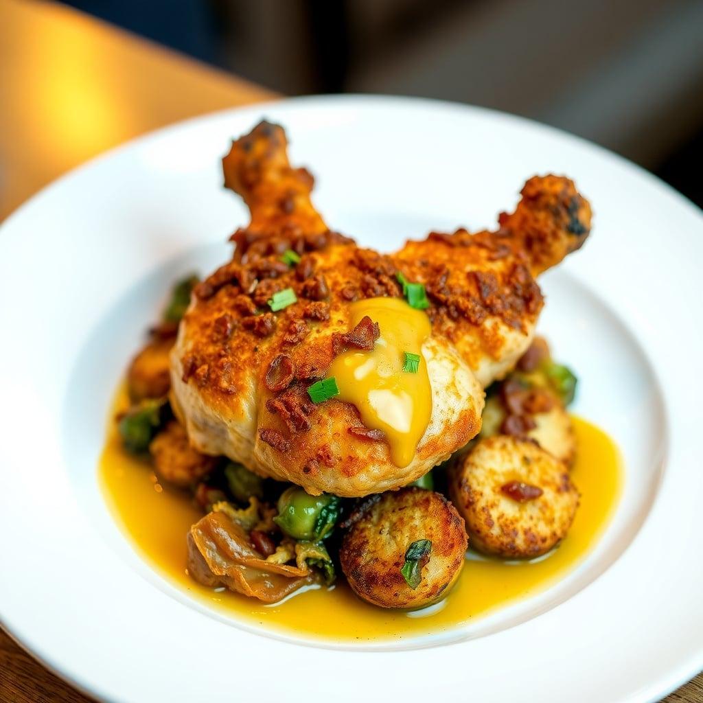 Crispy Mustard Chicken Thigh Skillet with Brussels Sprout Hash and Caramelized Onion Potato Cakes Crispy Mustard Chicken Thigh Skillet with Brussels Sprout Hash and Caramelized Onion Potato Cakes