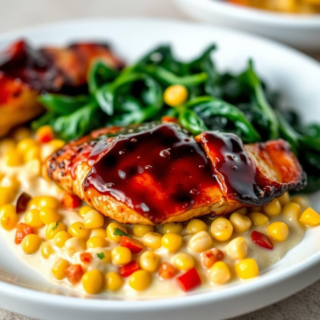 Pan-Seared BBQ Chicken Breasts with Creamy Corn Succotash and Wilted Spinach Pan-Seared BBQ Chicken Breasts with Creamy Corn Succotash and Wilted Spinach