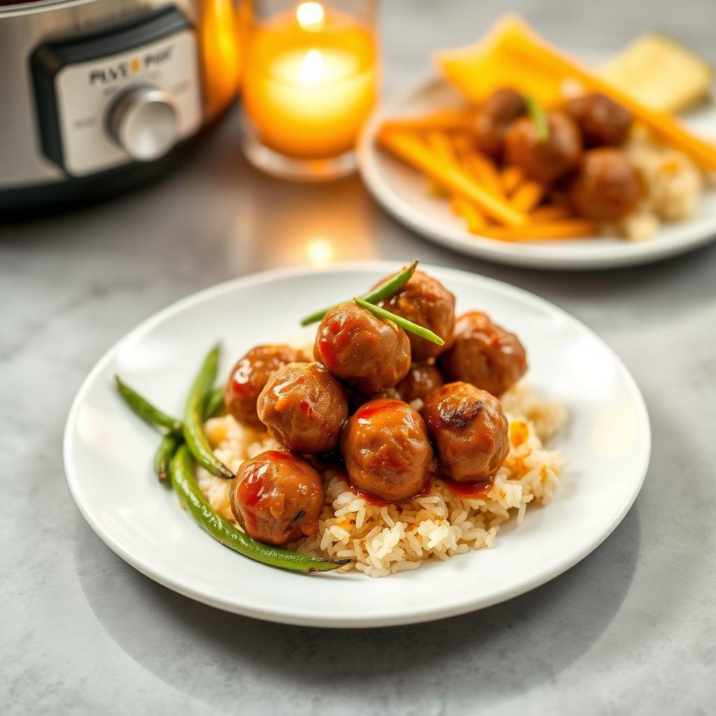 Slow Cooker Teriyaki Meatballs with Pineapple Rice and Snap Peas Slow Cooker Teriyaki Meatballs with Pineapple Rice and Snap Peas