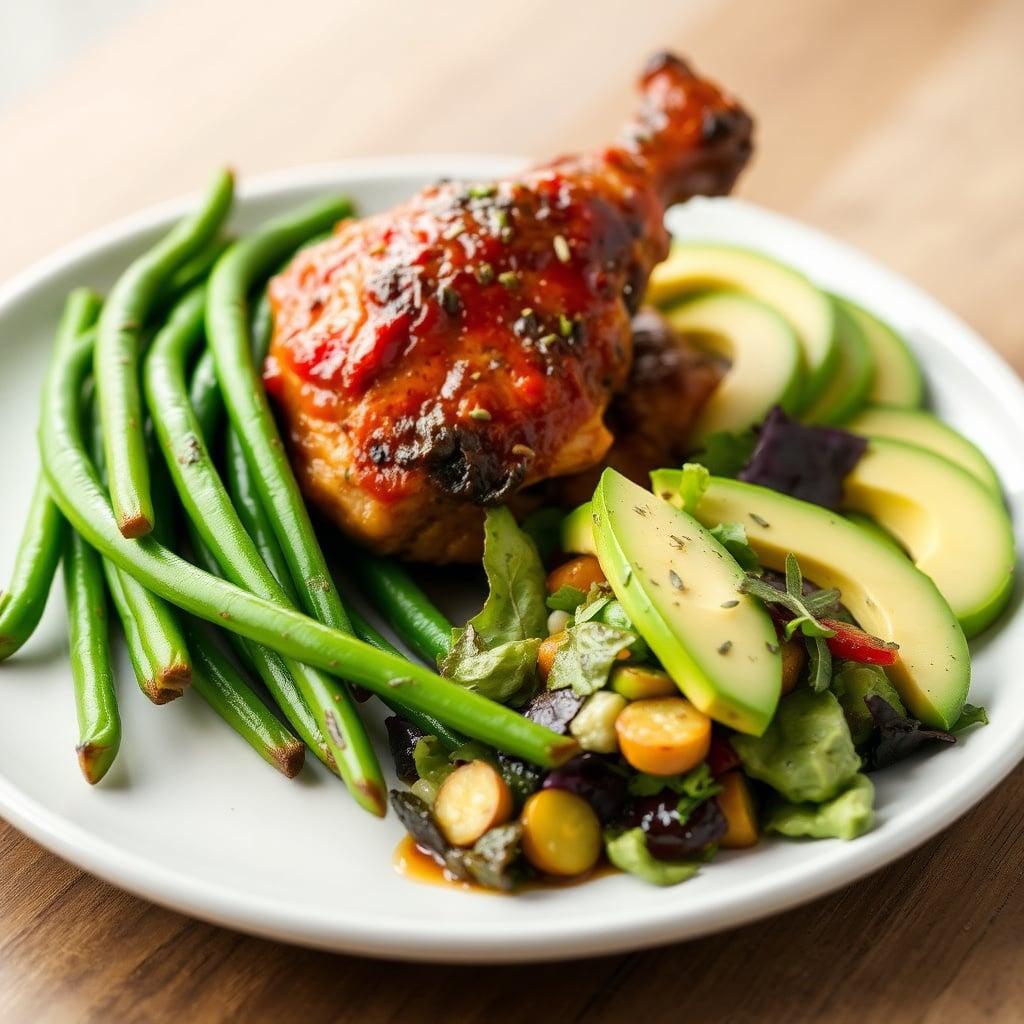 Slow-Braised Southwestern BBQ Chicken Thighs with Lemon-Thyme Green Beans and Crisp Avocado Salad Slow-Braised Southwestern BBQ Chicken Thighs with Lemon-Thyme Green Beans and Crisp Avocado Salad