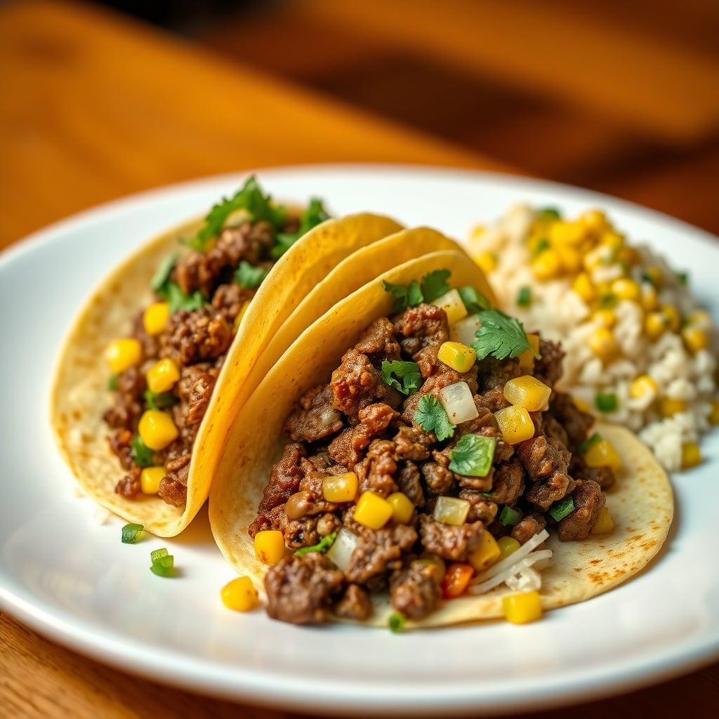 Spiced Ground Beef Tacos with Charred Corn Salsa and Cilantro Lime Rice